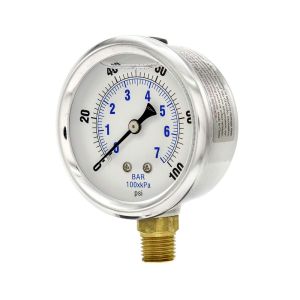 201L-254E PIC Gauge, Glycerin Filled Industrial Bottom Mount Pressure Gauge with Stainless Steel Case, Brass Internals, Plastic 