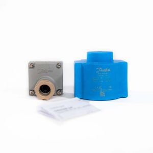 Danfoss blue solenoid coil showing product details and terminal box showing DIN socket. SKU 018F6813.