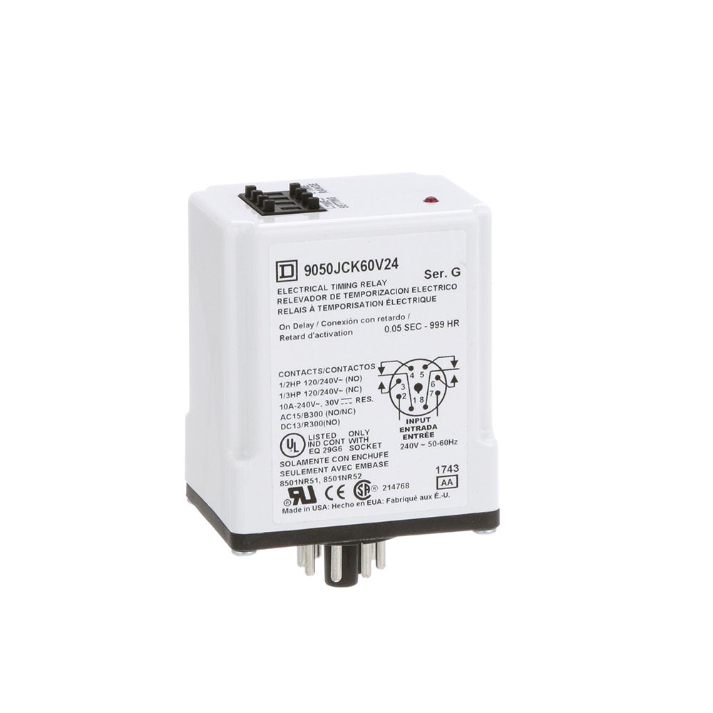 9050JCK60V24 Square D Timing Relay, Type Jck, Plug In, On Delay,  Programmable, 0.5 Second To 999 Hours, 10A, 240 VAC, 240 VAC 50