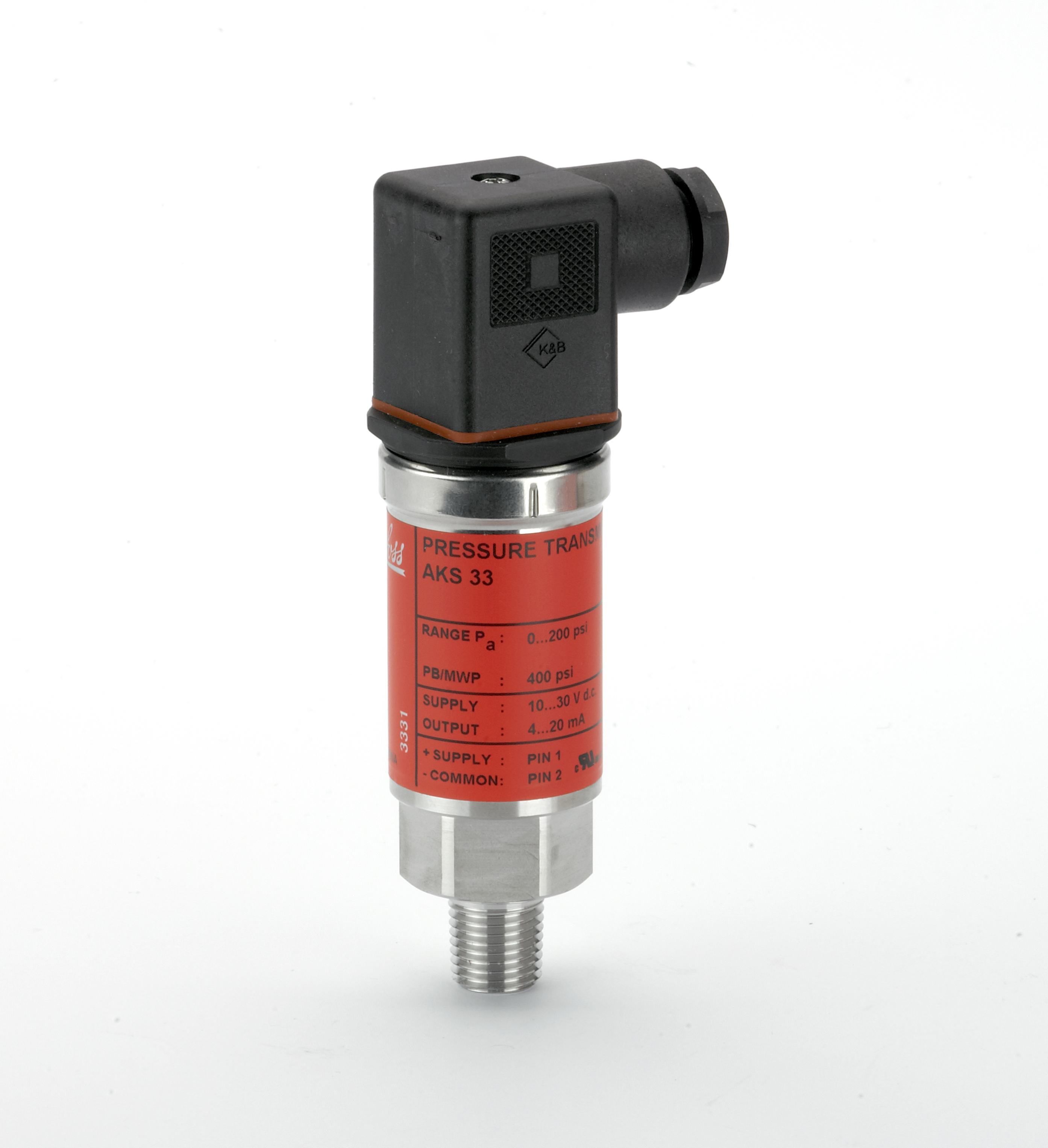 060G2100 Danfoss AKS33 Pressure Transmitter 29.5HG-87 Psig 4-20MA 1/4 MPT DIN Plug