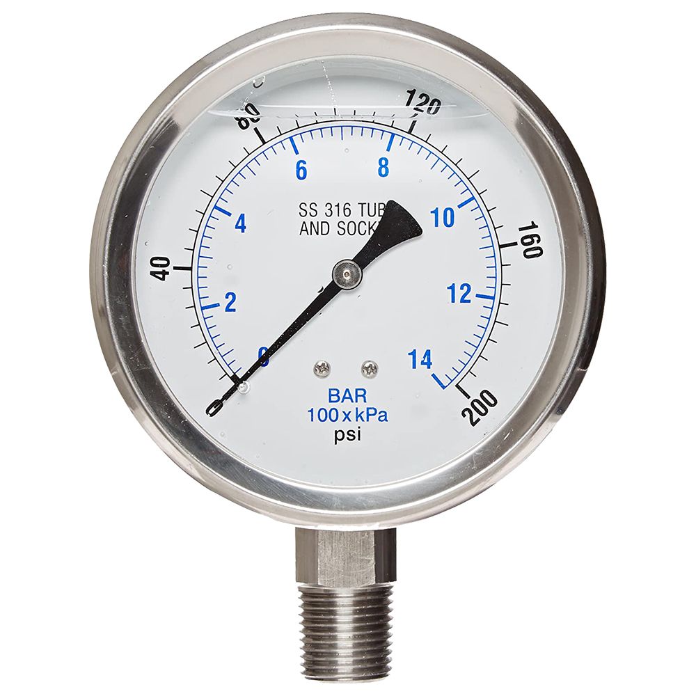 301L-402CD PIC Gauges Pressure Gauge, 4" Dial, 30/0/60, 1/2" Lower Mount, Glycerine Filled, Stainless Steel Case, 316Ss Internals
