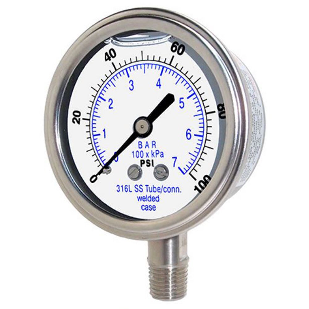 301LFW-254CC PIC Gauges 2-1/2" 30" -0-30 Psi 1/4" Lower Welded 316Ss T&S, Gly.Filled