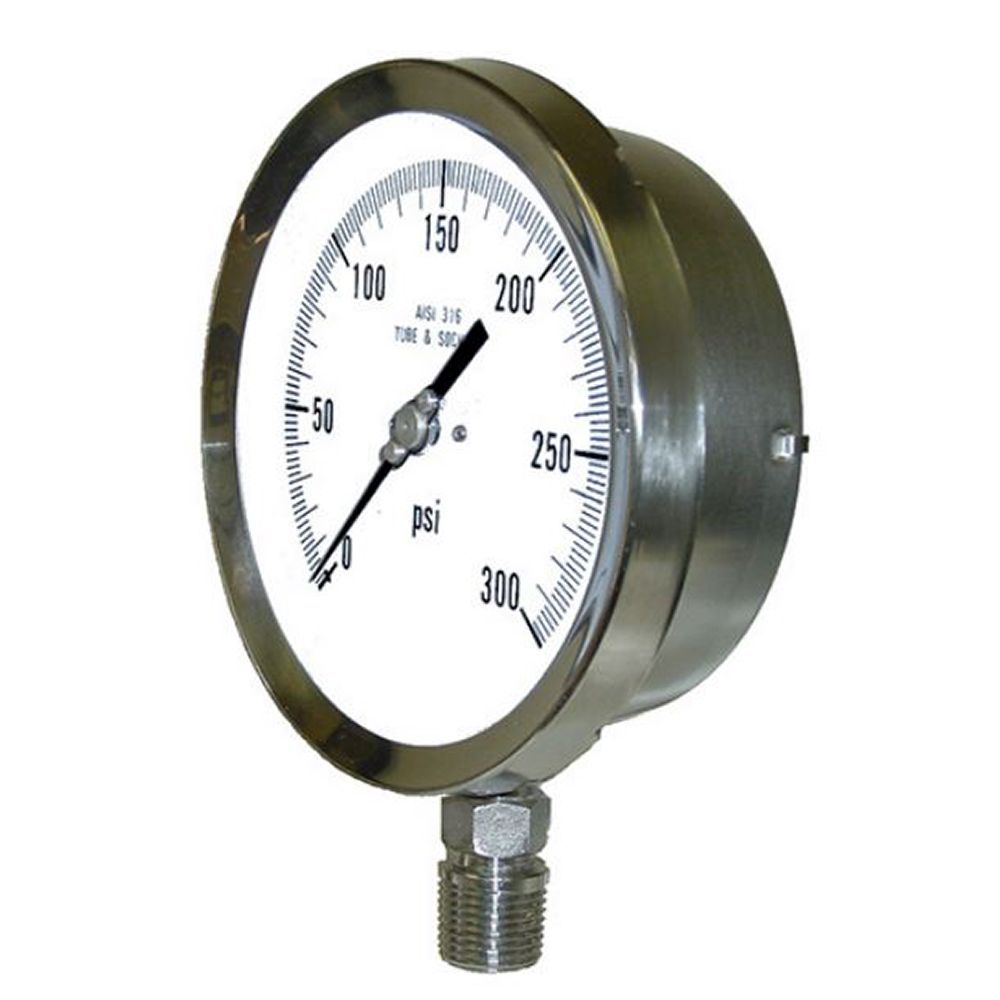 4501-SC-4LG PIC Gauges Process Pressure Gauge, 4 1/2" Dial, 0-200 Psi, 1/4" Lower Mount, Stainless Steel Safety Case, 316Ss Internals, Dry/Fillable