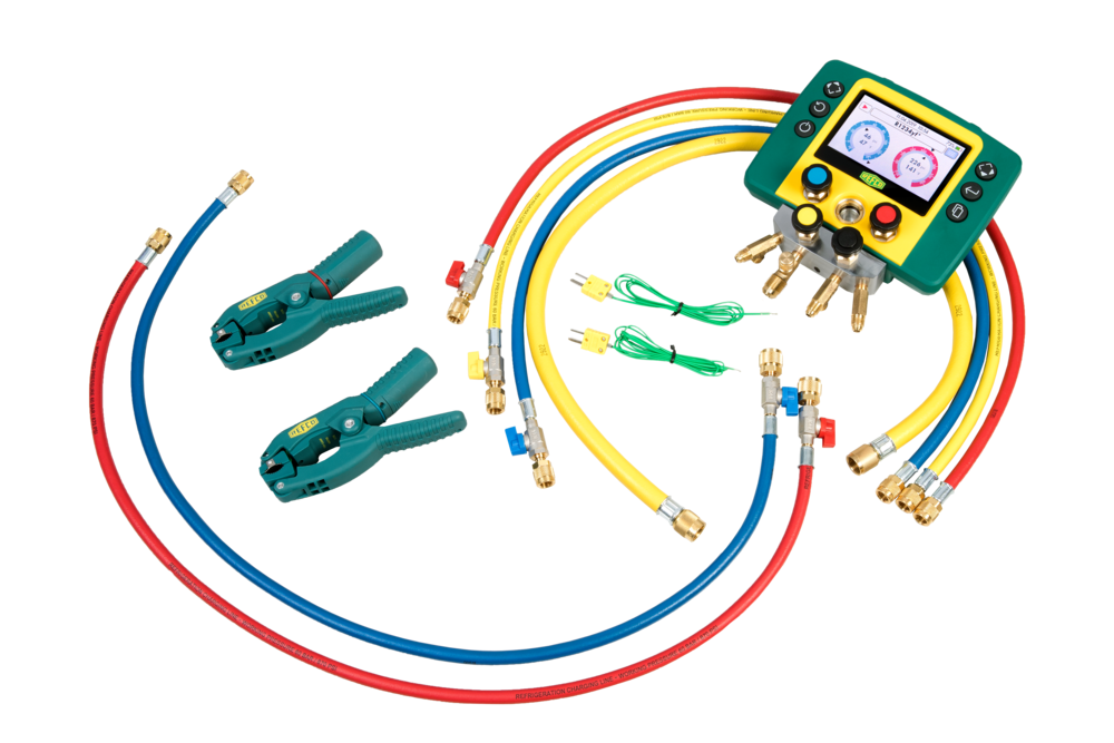 4688131 Refco REFMATE-4-CA-WTC, Digital 4-way manifold incl. charging hoses with ball valves, 2 K-Type temperature sensor and 2 wireless temperature clamp