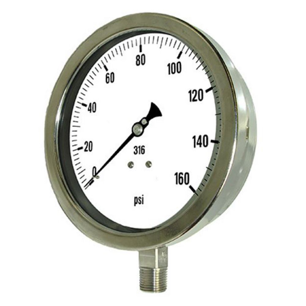 6001-4LCH PIC Gauges Pressure Gauge, 6" Dial, 30/0/300 Psi, 1/4" Lower Mount, Stainless Steel Case, 316Ss Internals, Dry/Fillable, Laminated Safety Glass