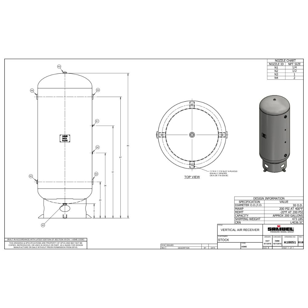 A10051 Samuel Vertical Air Receiver | 200 Gallons | 200 PSI-Powder-Food Grade-White