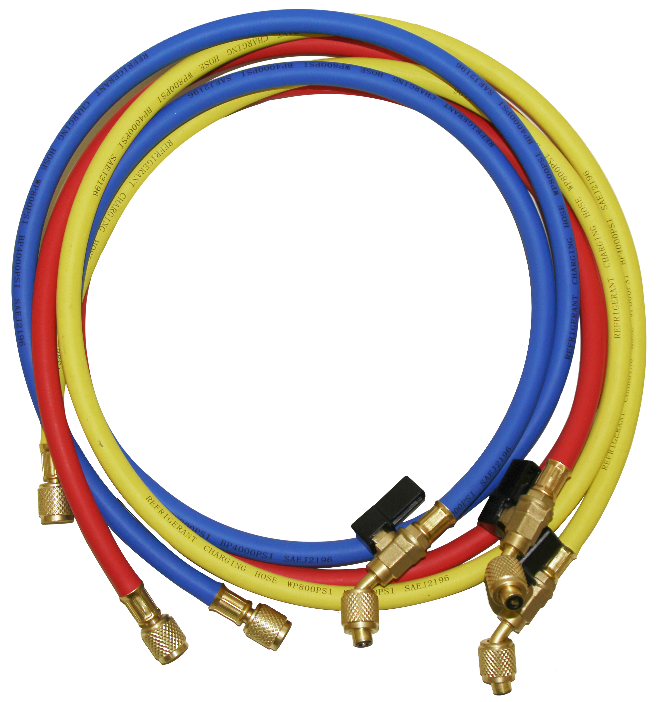NH5SC NAVAC Refrigerant Hoses, 5'x3 (R, B, Y), 45°, Low Loss Valve