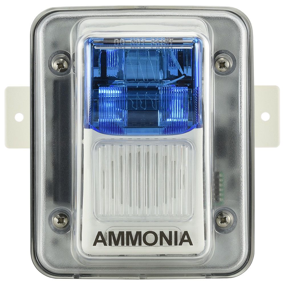 SHA-24-BLUE CTI Horn/Strobe 24VDC, white body, blue lens, with weather proof mounting backbox labeled 'AMM