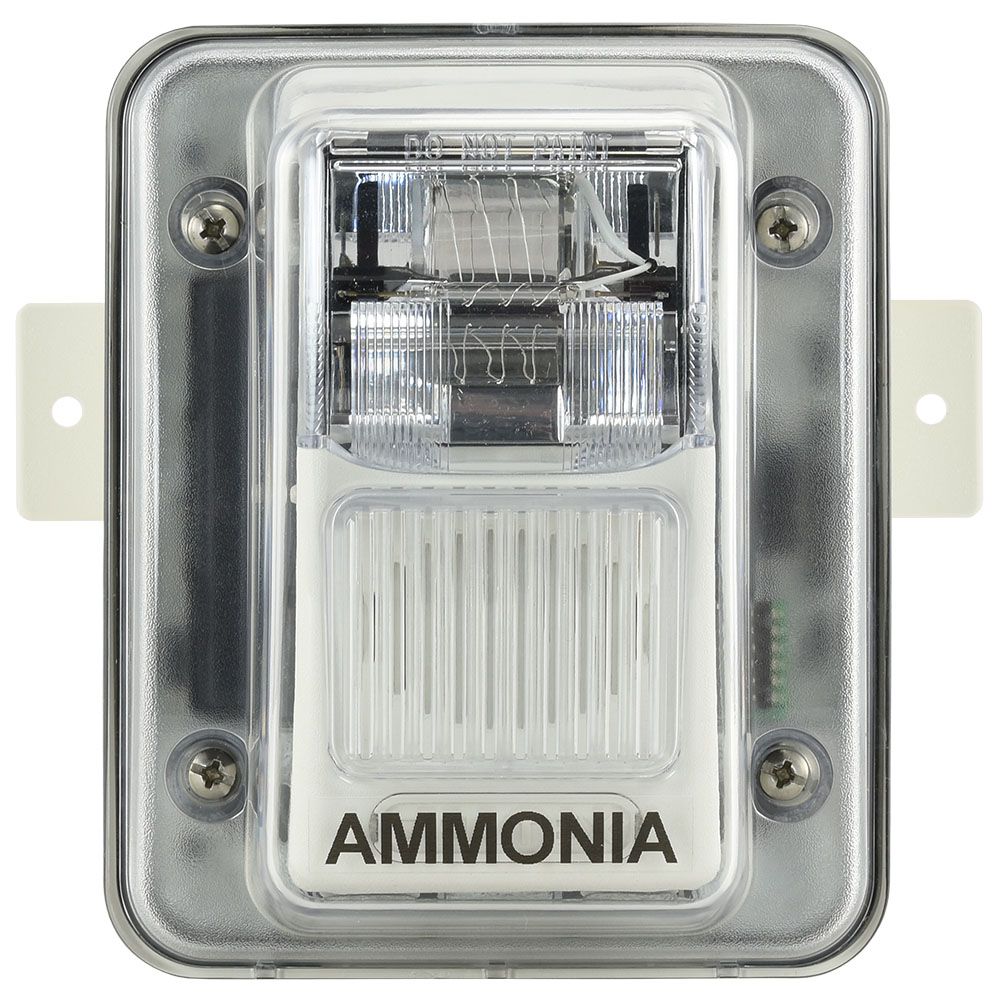 SHA-24-CLEAR CTI Horn/Strobe 24VDC, white body, clear lens, with weather proof mounting backbox labeled 'A