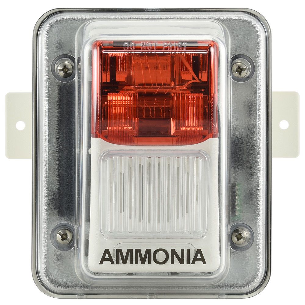 SHA-24-RED CTI Horn/Strobe 24VDC, white body, red lens, with weather proof mounting backbox labeled 'OXYGEN'