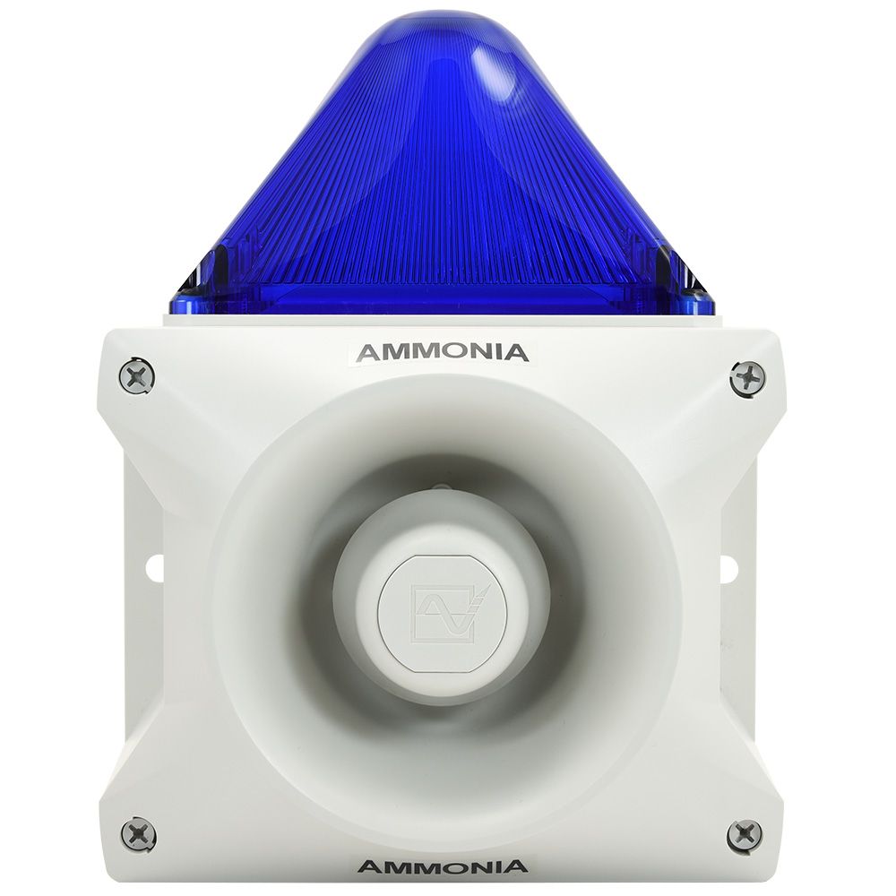 SHA-PAX-110-24-BLUE CTI Horn/Strobe 24VDC, 110 dB, 80 tones with 4 inputs, white body, Blue lens, weather